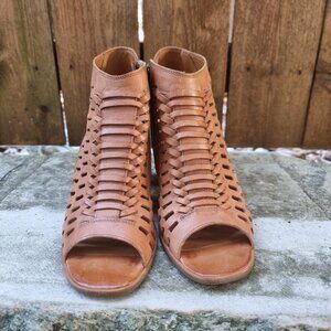 Paul Green Womem's Rosa Peep-Toe Sandal Woven Leather Tan Brown Size 6